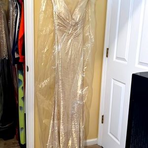 Jovani White and Gold high slit gown